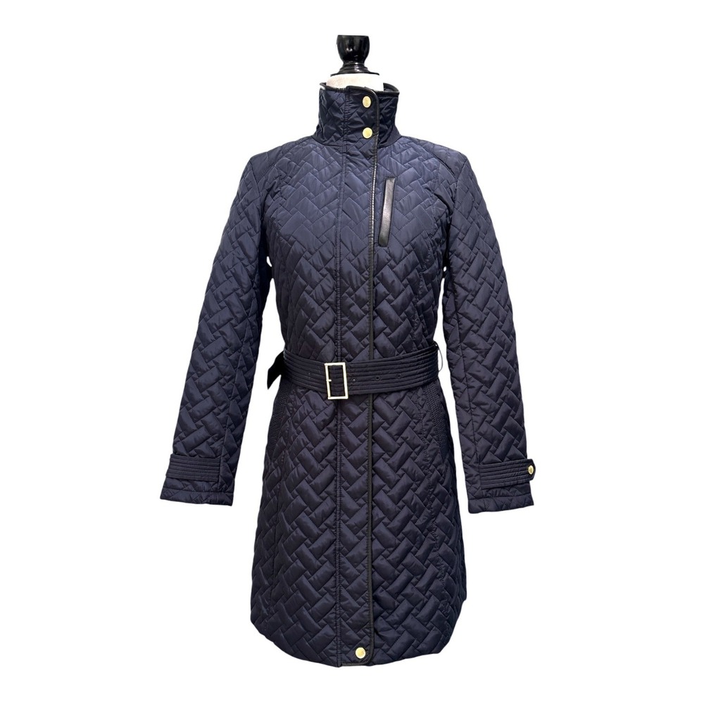 Cole Haan Signature Navy Blue Quilted Belted Jacket Coat Gold Hardware XS NWOT